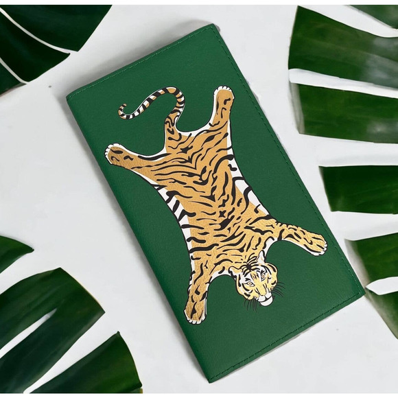 Jonathan Adler Faux Leather Tiger Travel Journal Green Safari Removable Folio - Picture 1 of 13